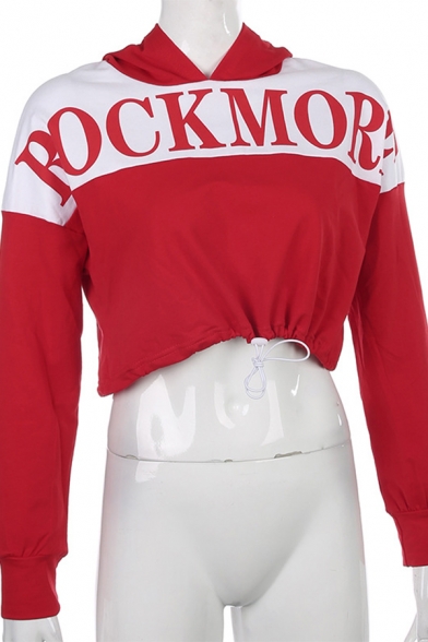 Street Cool Girls' Long Sleeve Letter ROCK MORE Contrasted Drawstring Loose Fit Hoodie in Red