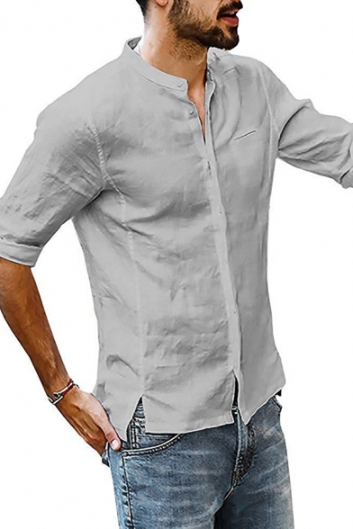 Summer Fashion Half Sleeves Button Down Side Split Plain Linen Shirt For Men Beautifulhalo Com