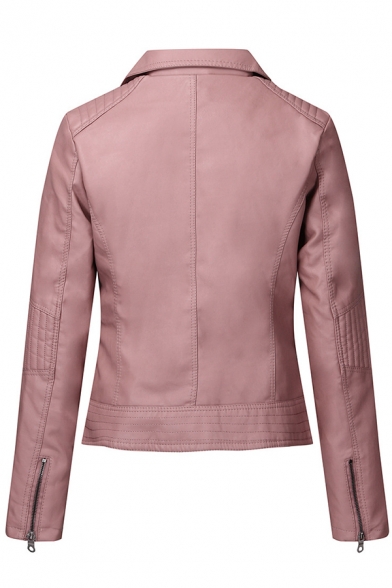Trendy Girls' Long Sleeve Notch Lapel Collar Zipper Front Pockets Side Ruched Fitted Leather Plain Jacket