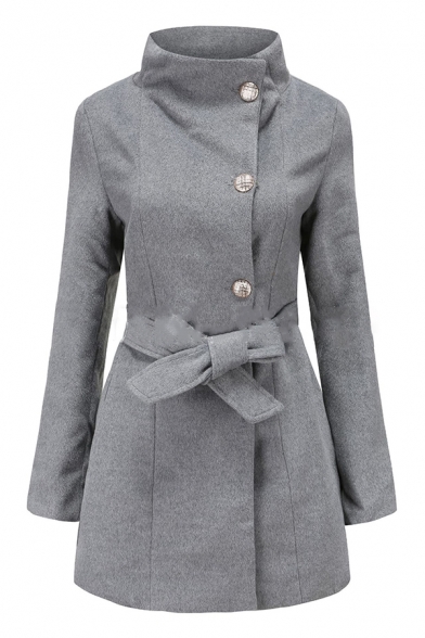 Trendy Plain Long Sleeve Stand Neck Button Down Bow Tie Waist Fitted Long Wool Coat for Women
