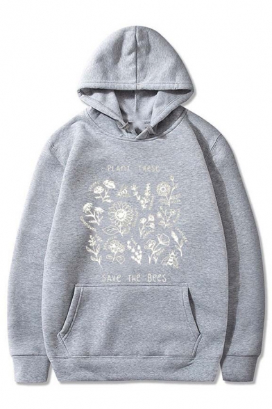 Unisex Cartoon Floral Letter PLANT THESE SAVE THE BEES Print Long Sleeve Boxy Hoodie
