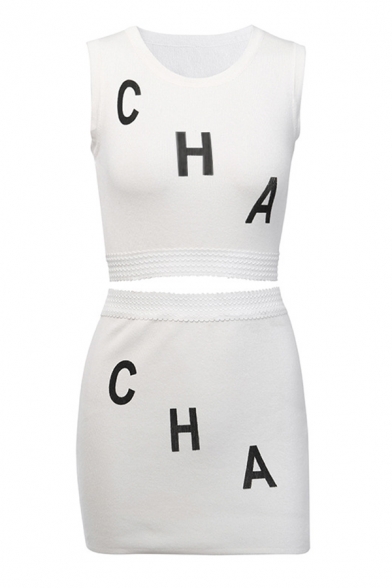 White Chic Letter CHA Printed Sleeveless Cropped Tank Top with Knitted Mini Bodycon Skirt
