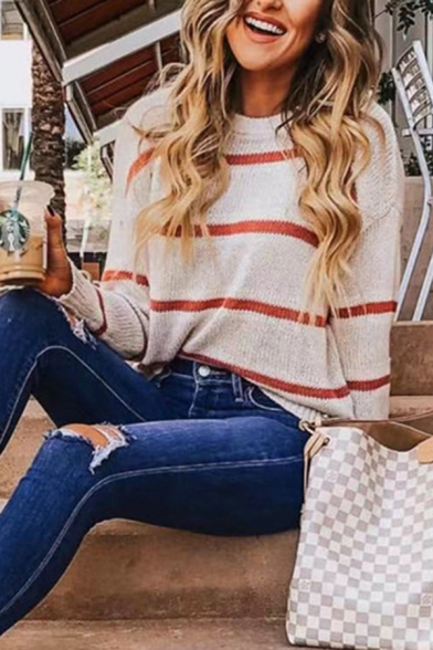 

Women' Casual Balloon Sleeve Boat Neck Stripe Printed Purl-Knit Baggy Pullover Sweater in White, LM577823