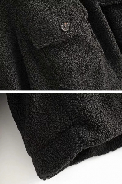 Women's Vintage Warm Blouson Sleeve Lapel Collar Button Down Flap Pockets Sherpa Baggy Coat in Black