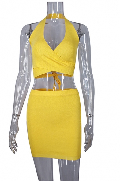 Womens Fashionable Yellow Cross Halter Cami Top with Mini Skirt Two Piece Co-ords