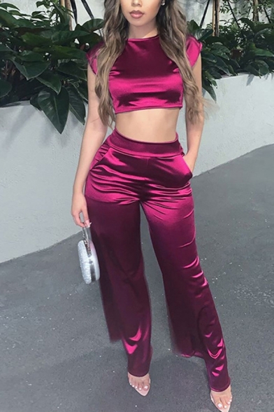 Womens Popular Solid Color Satin Cropped Top Wide-Leg Pants Two Piece Set