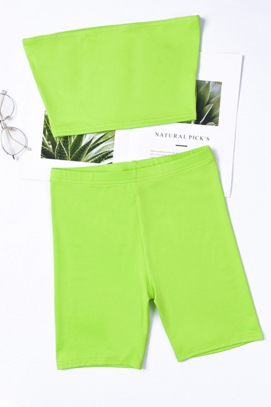 Womens Sexy Plain Strapless Bandeau Top & Shorts Two Piece Skinny Set
