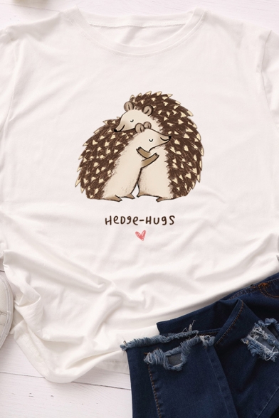 Basic Girls' Roll Tab Sleeve Crew Neck HEDGE-HUGS Letter Hedgehog Printed Relaxed T Shirt