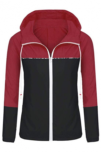 Casual Sport Long Sleeve Hooded Zipper Front Drawstring Contrasted Relaxed Coat for Women