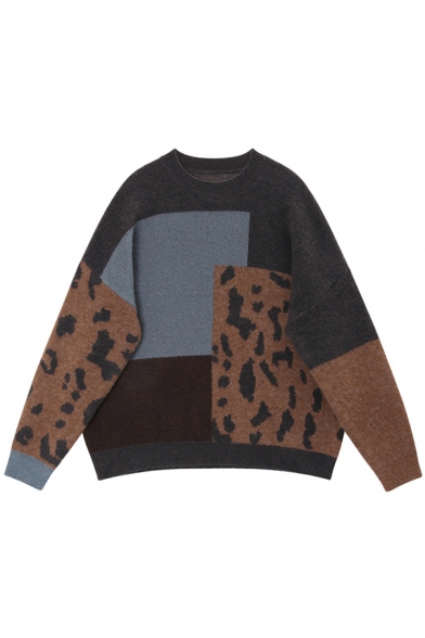 Casual Women's Long Sleeve Crew Neck Leopard Printed Patched Purl Knit Baggy Pullover Sweater Top