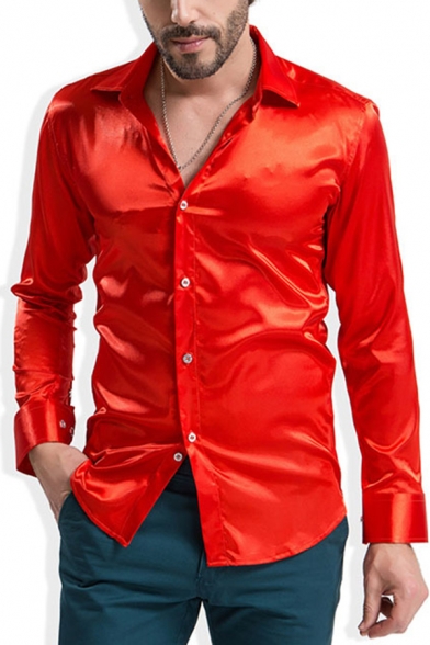 Charming Mens Plain Long Sleeve Button Up Silk Tuxedo Shirt for Banquet Party