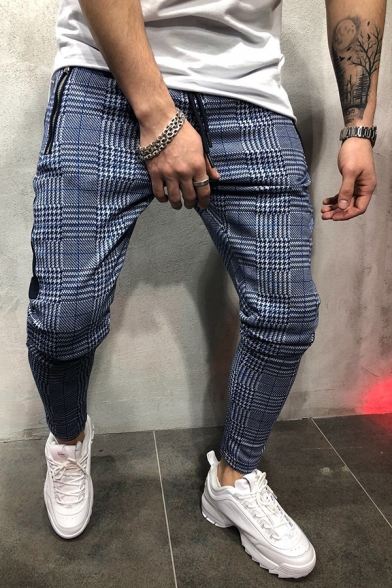 Classic Houndstooth Plaid Printed Zipper Pocket Side Tape Slim Fit Fashion Tapered Pants