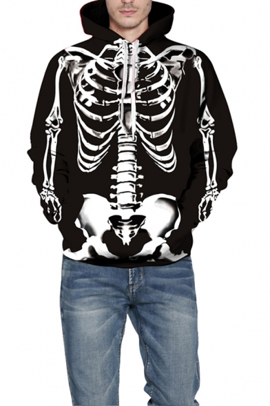 Classic Skeleton 3D Pattern Long Sleeve Relaxed Fit Drawstring Hoodie in Black
