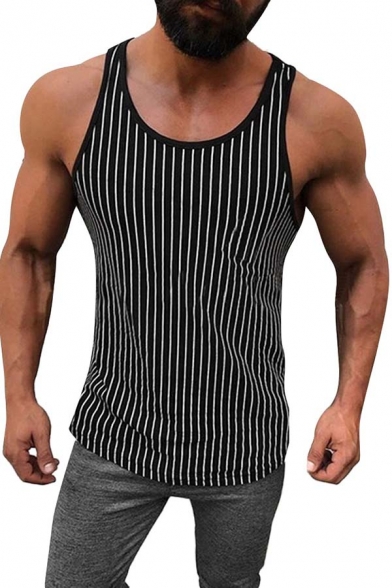 Classic Stripes Pattern Round Neck Slim Fit Sports Tank Top for Men