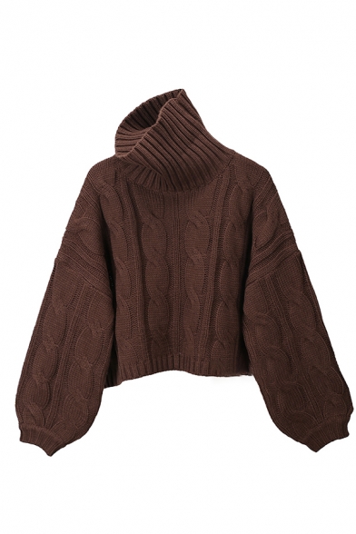 Classic Thickened Balloon Sleeve Turtleneck Cable Knit Boxy Plain Fisherman Sweater for Women