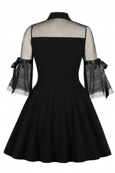 Cool Party Girls' Bell Sleeve Lapel Neck Bow Tie See-Through Mesh Patched Midi Pleated Flared Dress in Black