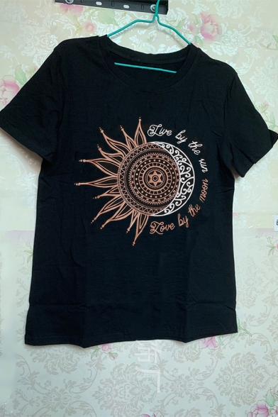 Cool Unique Roll Tab Sleeve Crew Neck Letter LIVE BY THE SUN LOVE BY THE MOON Sun and Moon Print Loose Tee for Girls