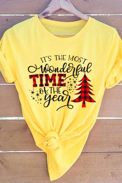 Cute Basic Female Rolled Cuff Crew Neck Letter IT'S THE MOST WONDERFUL TIME OF THE YEAR Tree Print Relaxed Tee