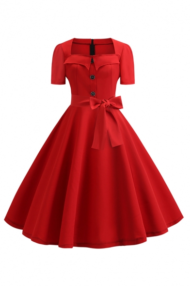 Cute Formal Women's Short Sleeve Square Neck Button Front Zip Back Bow Tie Waist Midi Pleated Swing Dress