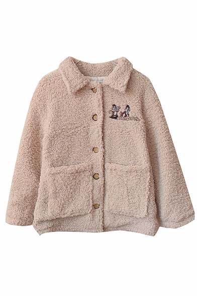 Cute Girls' Long Sleeve Lapel Collar Button Down Pocket Side Chipmunk Patterned Sherpa Fleece Thick Loose Jacket in Pink