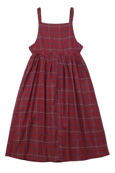 Cute Girls' Sleeveless Button Detail Plaid Patterned Bow Tie Waist Relaxed Pleated Babydoll Dress