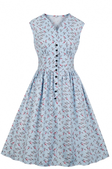 Cute Girls' Sleeveless V-Neck Button Down Floral Printed Midi Pleated A-Line Dress