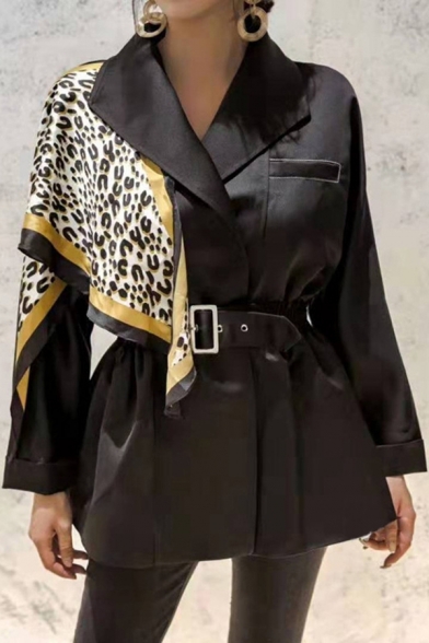 Dressy Fashion Women's Long Sleeve Turn Down Collar Buckle Eyelet Belted Leopard Print Patched Relaxed Wrap Blazer in Black