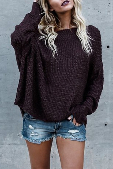 Dressy Stylish Ladies' Batwing Sleeve Off The Shoulder Chunky Knitted Asymmetric Plain Oversize Pullover Sweater