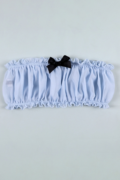 Edgy Girls Stringy Selvedge Bow Embellished Crop Tube Top with Shorts Blue Gauze Co-ords