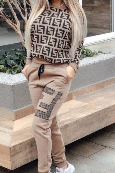 Exclusive Letter F Pattern Long Sleeve Sweatshirt with Drawstring Waist Pants Casual Daily Co-ords
