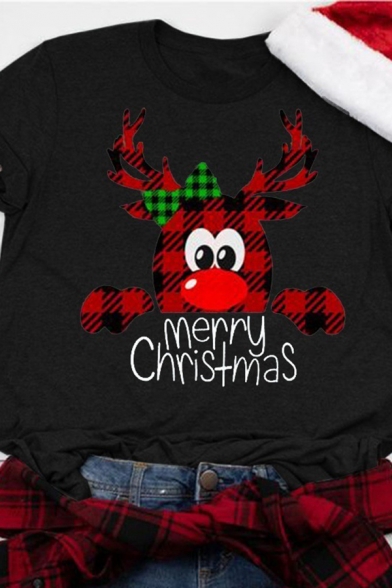 Fancy Cool Roll Up Sleeve Crew Neck Letter MERRY CHRISTMAS Reindeer Pattern Loose Tee for Girls