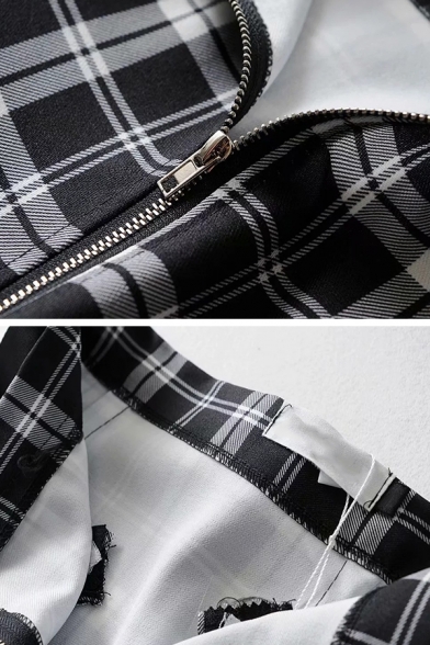 Fashion Black High Waist Buckle Belted Zipper Front Plaid Printed Short A-Line Skirt for Ladies