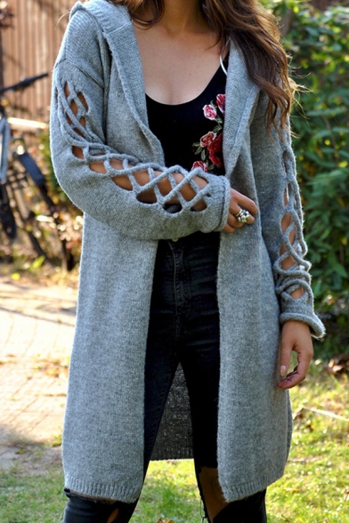 Female Basic Fancy Long Sleeve Hooded Hollow Out Oversize Midi Plain Knit Cardigan