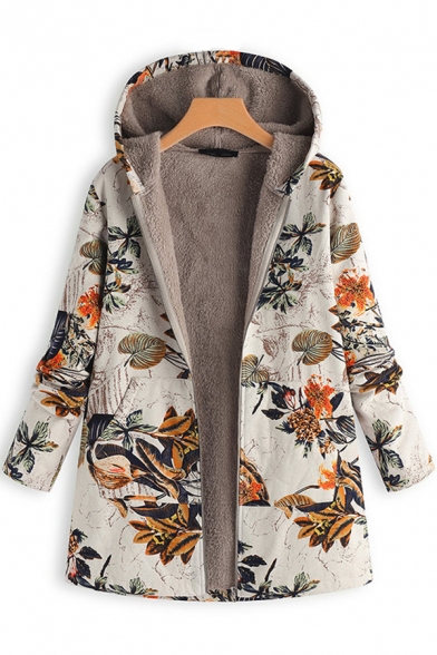 Female Winter Thick Long Sleeve Hooded Zip Front Floral Printed Shearling Liner Boxy Coat