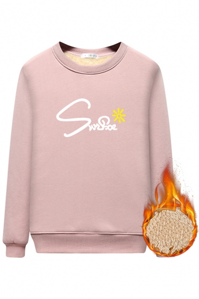 Girls' Casual Basic Long Sleeve Crew Neck Letter Sun Patterned Sherpa Lined Loose Pullover Sweatshirt