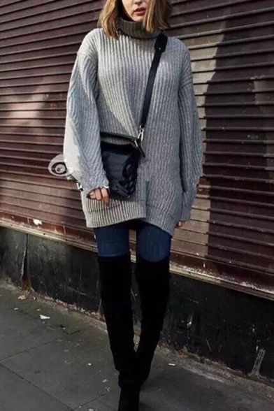 Grey Trendy Balloon Sleeve Turtleneck Chunky Knit Baggy Midi Pullover Sweater for Ladies