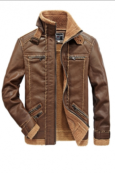 Hot Popular Buckle Patch High Collar Long Sleeve Zipper Closure Warm Brown PU Jacket