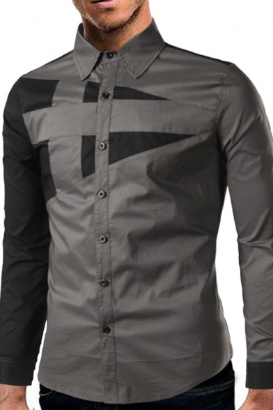 Leisure Men's Colorblock Geometric Pattern Long Sleeve Slim Fit Button Up Shirt