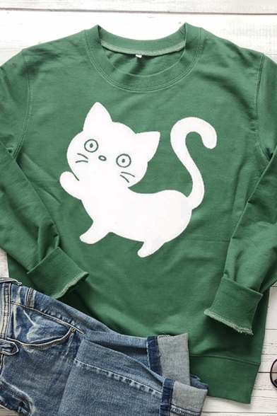 Lovely Kitten Pattern Long Sleeve Crewneck Casual Pullover Sweatshirt