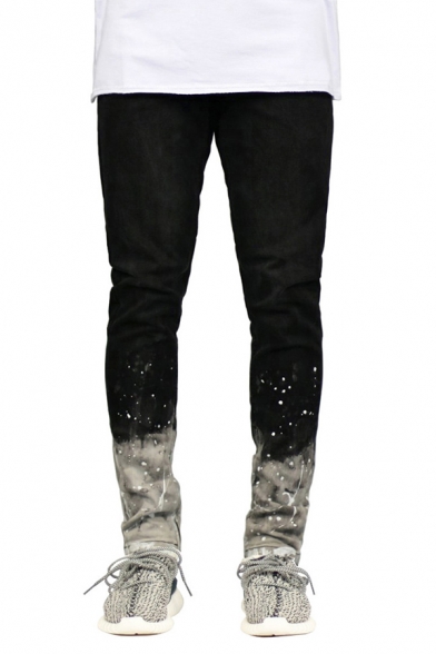 Men's Creative Spray Paint Printed Zipper Decoration Skinny Fit Casual Jeans