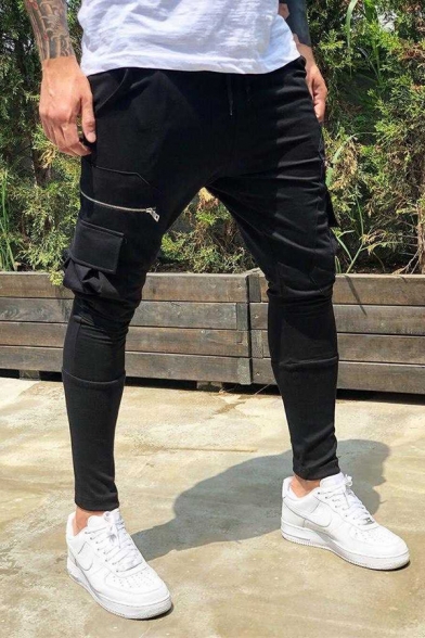 Men's Sport Plain Zipper Panel Jogging Fitness Pants Skinny Trousers