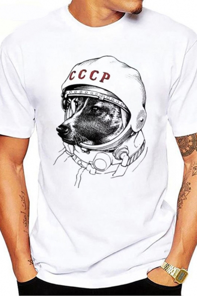 Men's White Casual Letter CCCP Dog Print Short Sleeves Round Neck Streetwear T-Shirt