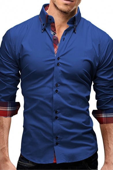 Mens Business Fashion Plaid Patched Cuffs Long Sleeve Button Down Slim Fit Cotton Shirt