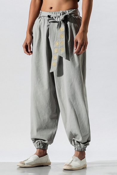 Fubotevic Mens Chinese Style Casual Linen Printed Mid Waist Harem Pants Trousers 