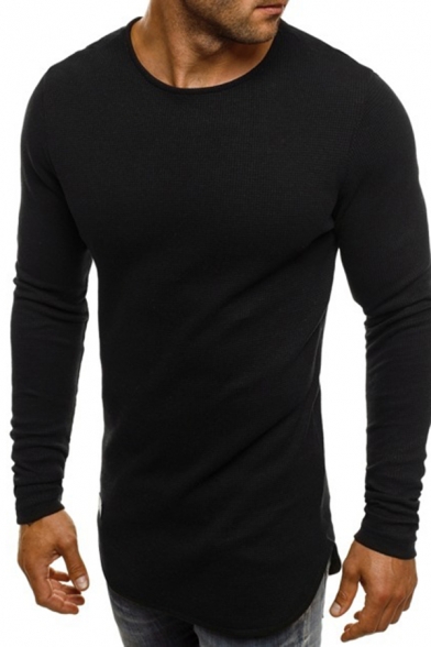 Mens Leisure Solid Color Long Sleeve Round Neck Curved Hem Slim Fit Knitwear Sweater
