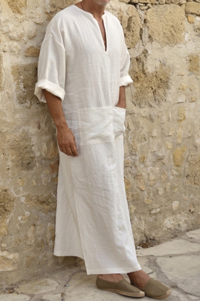 Mens Vintage V-Neck Loose Kaftan Henley Shirt Plain Long Robe with Pocket
