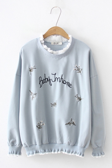 Mori Girl Popular Letter Floral Embroidery Stringy Selvedge Patched Loose Sweatshirt