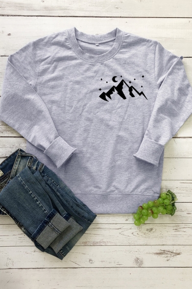 New Stylish Mountains Stars Printed Round Neck Long Sleeve Casual Sweatshirt