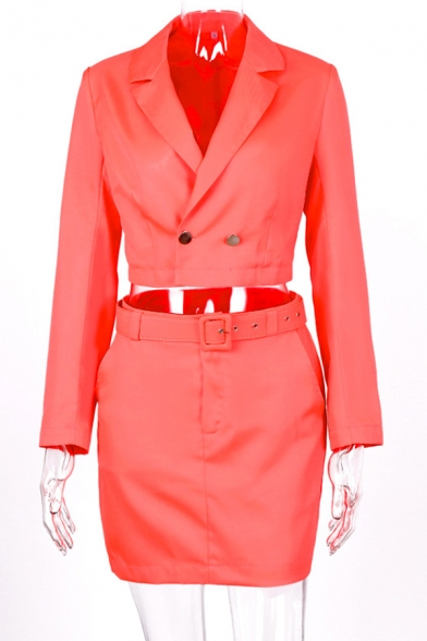 Office Womens Popular Double Button Cropped Blazer with Mini Skirt Solid Color Suit Set