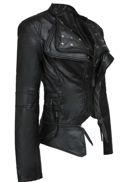 Plain Street Long Sleeve Exaggerate Collar Zipper Front Rivet Embellished Asymmetric Slim Fit Leather Jacket for Girls